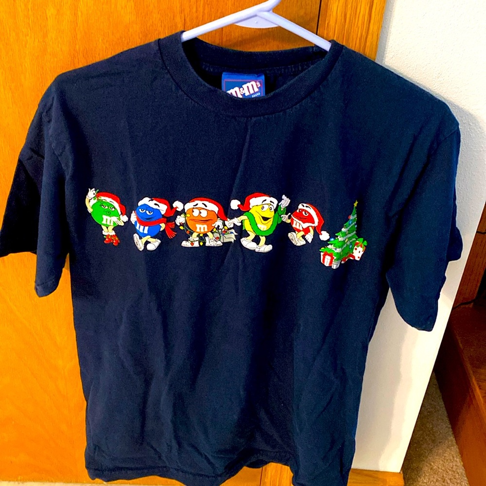 Christmas M&M shirt with little m&m people dressed for holiday